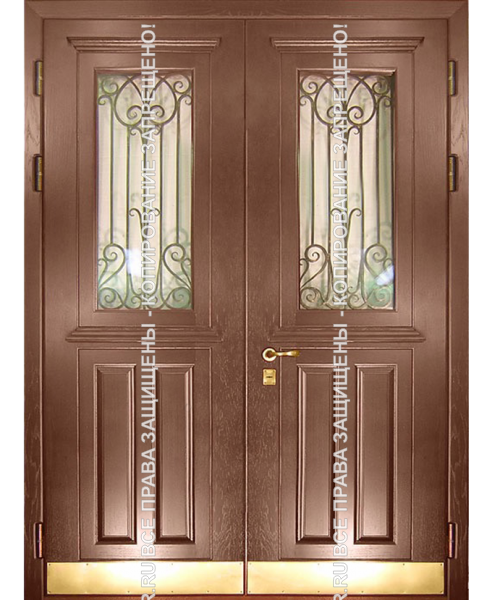 Железная двустворчатая дверь МДФ с ковкой/стеклом 3097 Железная двустворчатая дверь МДФ с ковкой/стеклом 3097